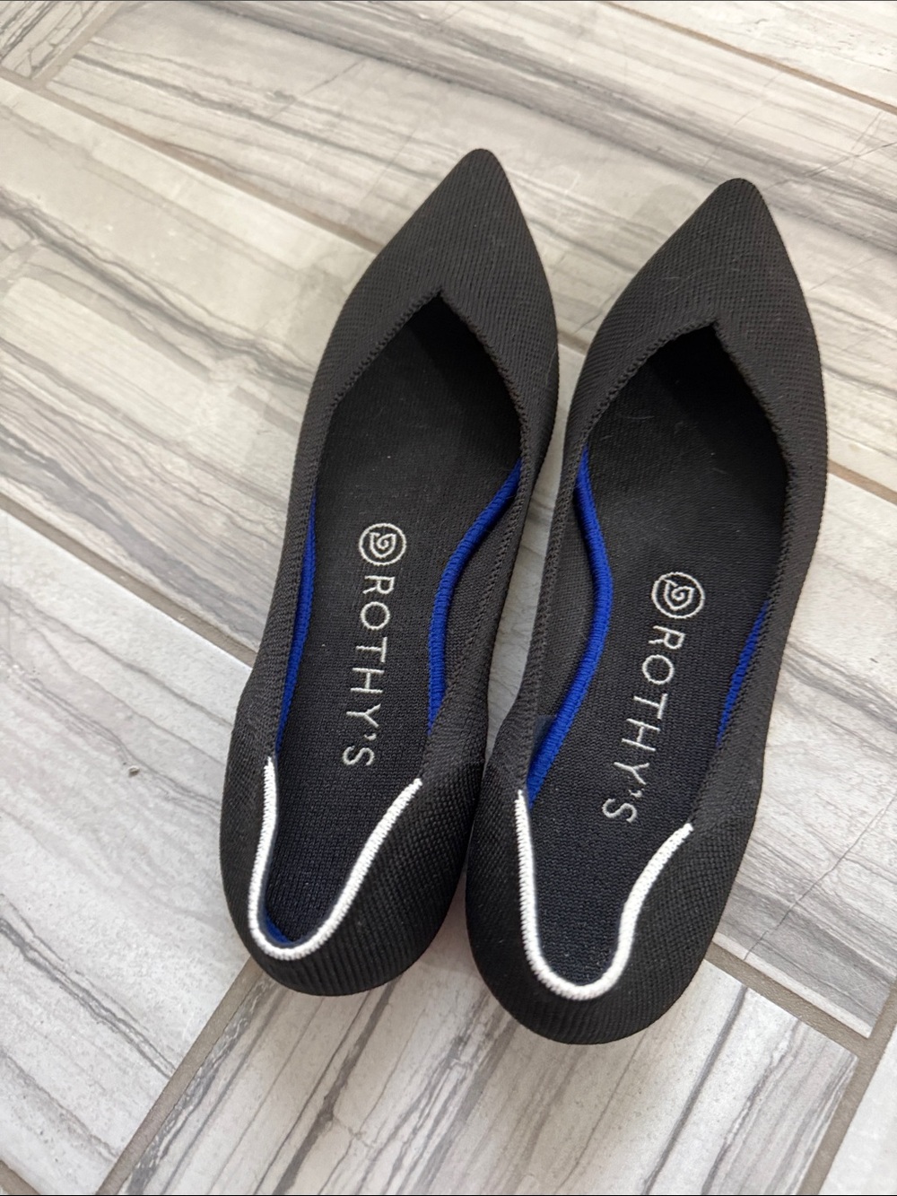 Rothy's Black Pointed Knit Flats with Blue and White Trim